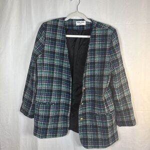 Women’s Alfred Dunner Green  Plaid Wool Blend Blazer Size 10 Preowned